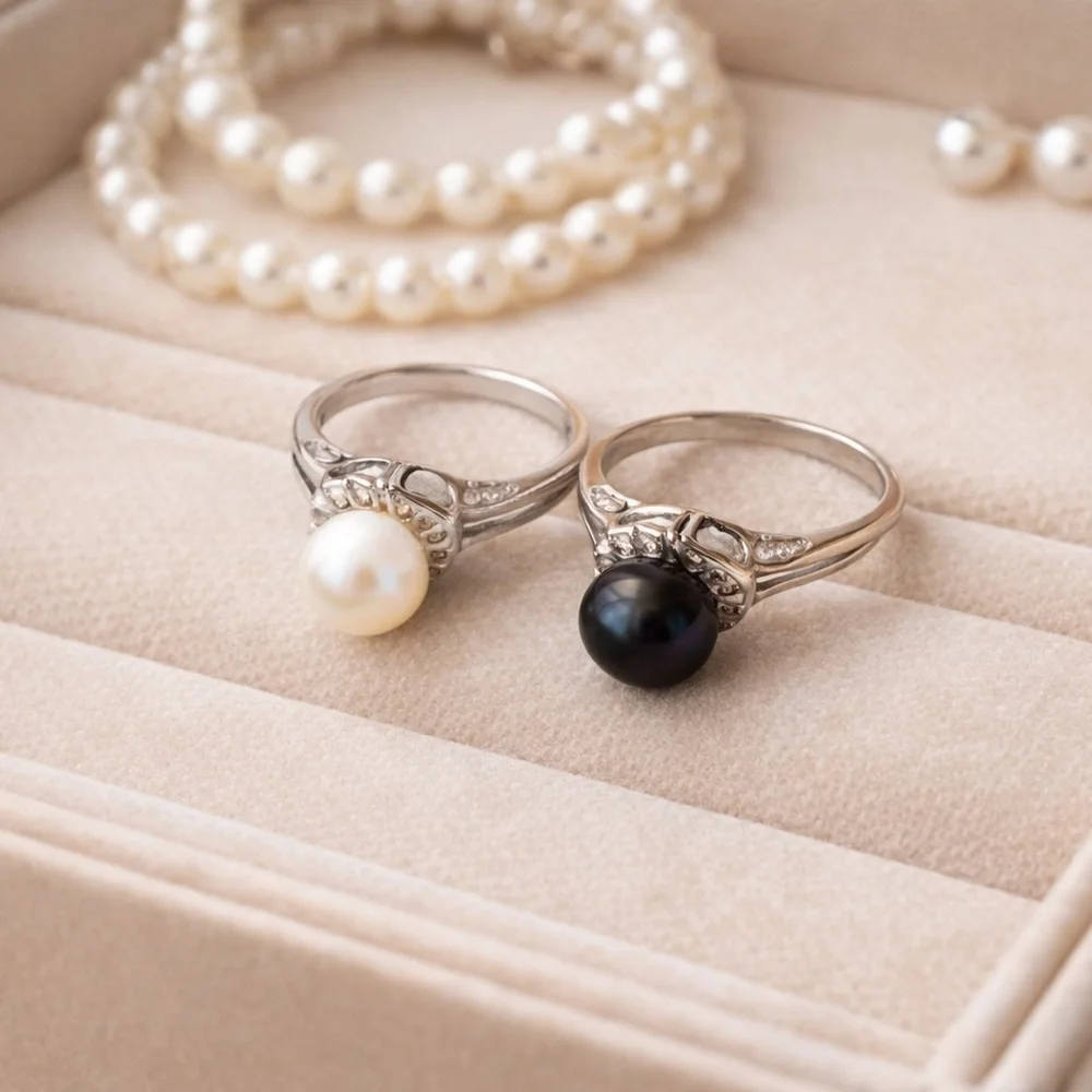 Pearl Ring Set – Classic White‎ & Black Pearl Statement Rings Sizes: 7.5